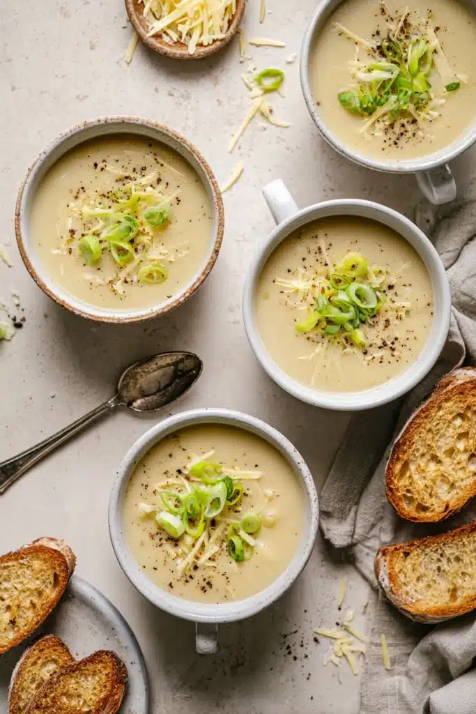 Cheddar Cauliflower Soup 5 Four bowls of cheddar cauliflower soup topped with cheese, green onions, and black pepper