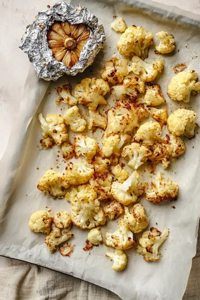 Cheddar Cauliflower Soup 2 Roasted cauliflower and garlic on parchment sheet for cheddar cauliflower soup