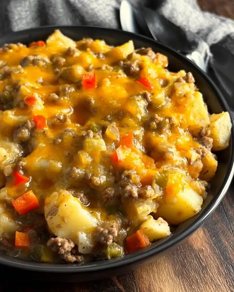 Cheesy Ground Beef & Potato Casserole 1 Cheesy ground beef and potato casserole topped with melted cheddar and diced peppers in a black bowl