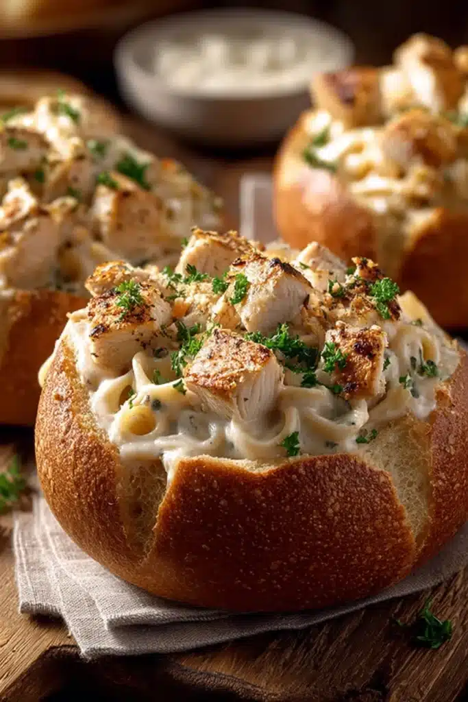Chicken Alfredo Garlic Bread Bowls (Easy, Creamy, and Ready in 40 Minutes) 1 Chicken Alfredo Garlic Bread Bowls filled with creamy pasta and grilled chicken