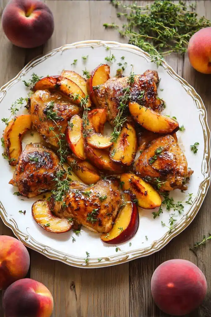 Juicy chicken with peaches on a white plate garnished with fresh thyme