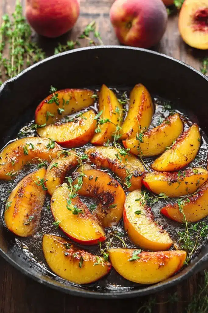 Caramelized peaches in skillet with honey and thyme