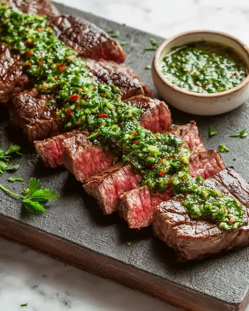 Chimichurri Steak (Perfect for Christmas Dinner) 1 Medium-rare chimichurri steak slices with fresh herb sauce on a wooden board