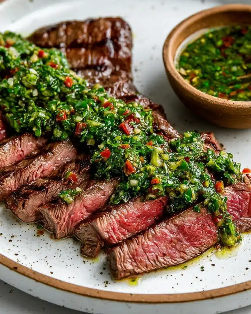 Chimichurri Steak (Perfect for Christmas Dinner) 2 Sliced chimichurri steak on a ceramic plate with herb sauce