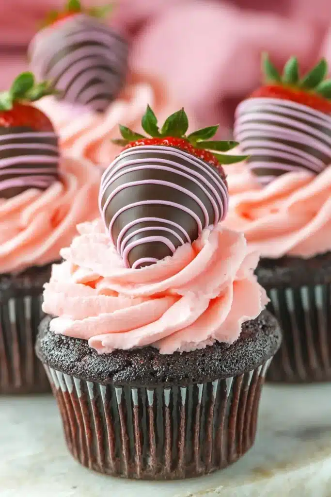 Chocolate Covered Strawberry Cupcakes 2 Chocolate cupcakes with pink frosting and chocolate-dipped strawberries on a cake stand