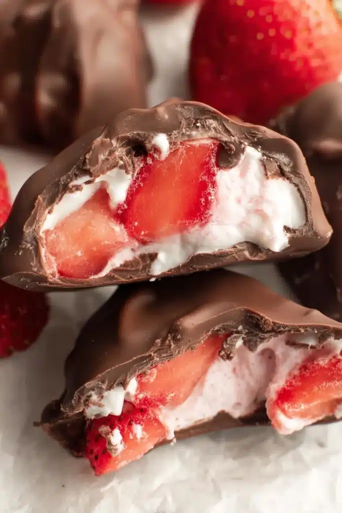 Chocolate Strawberry Yogurt Clusters (Healthy, Easy, No-Bake Snack!) 1 Chocolate strawberry yogurt clusters with creamy filling and glossy chocolate coating