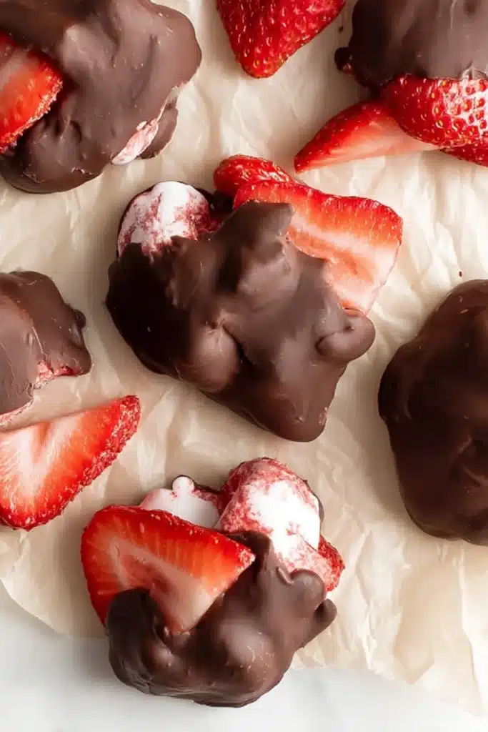 Chocolate Strawberry Yogurt Clusters (Healthy, Easy, No-Bake Snack!) 2 Overhead shot of chocolate strawberry yogurt clusters with fresh sliced strawberries