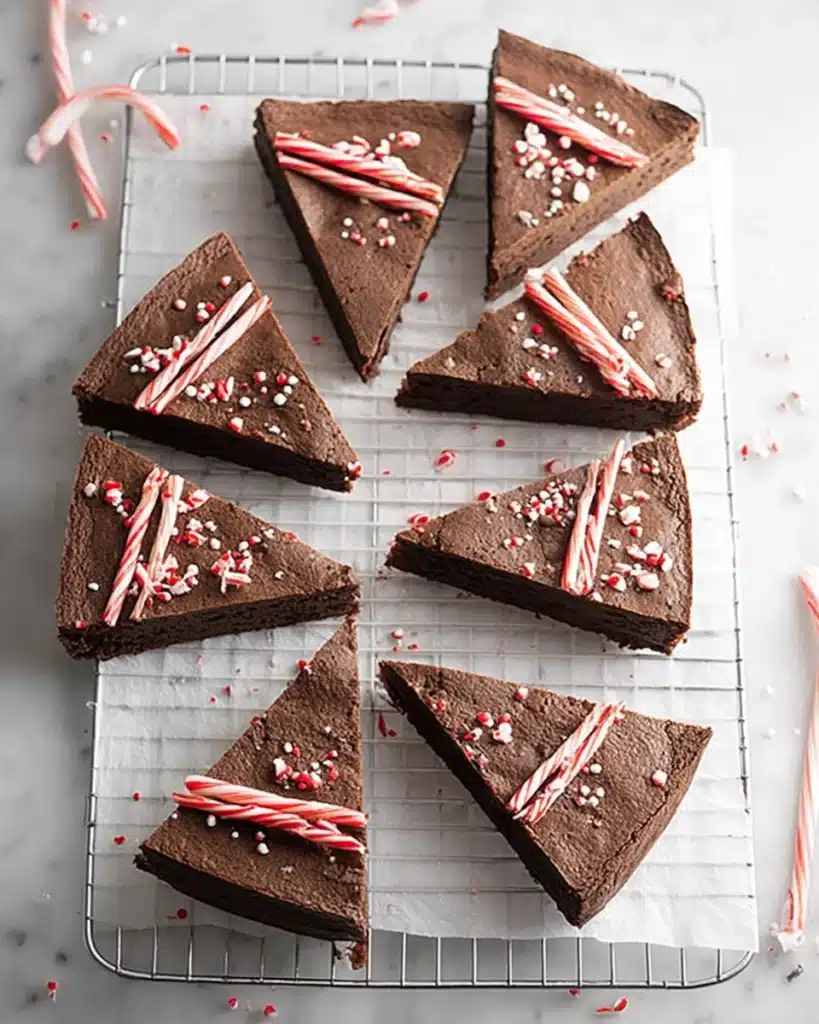 Christmas Tree Brownies 2 Christmas Tree Brownies cooling on a wire rack with candy canes and sprinkles