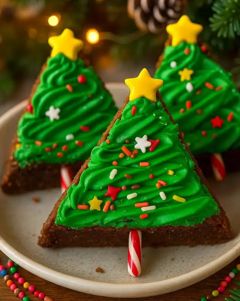 Christmas Tree Brownies 3 Decorated Christmas Tree Brownies with green frosting, sprinkles, and candy canes