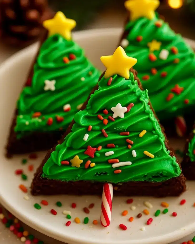 Christmas Tree Brownies 1 Christmas Tree Brownies with green frosting, sprinkles, and candy canes on a festive holiday plate