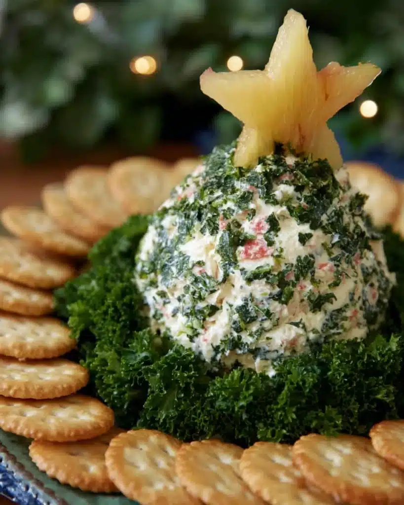 Christmas tree cheeseball with parsley and crackers on white plate