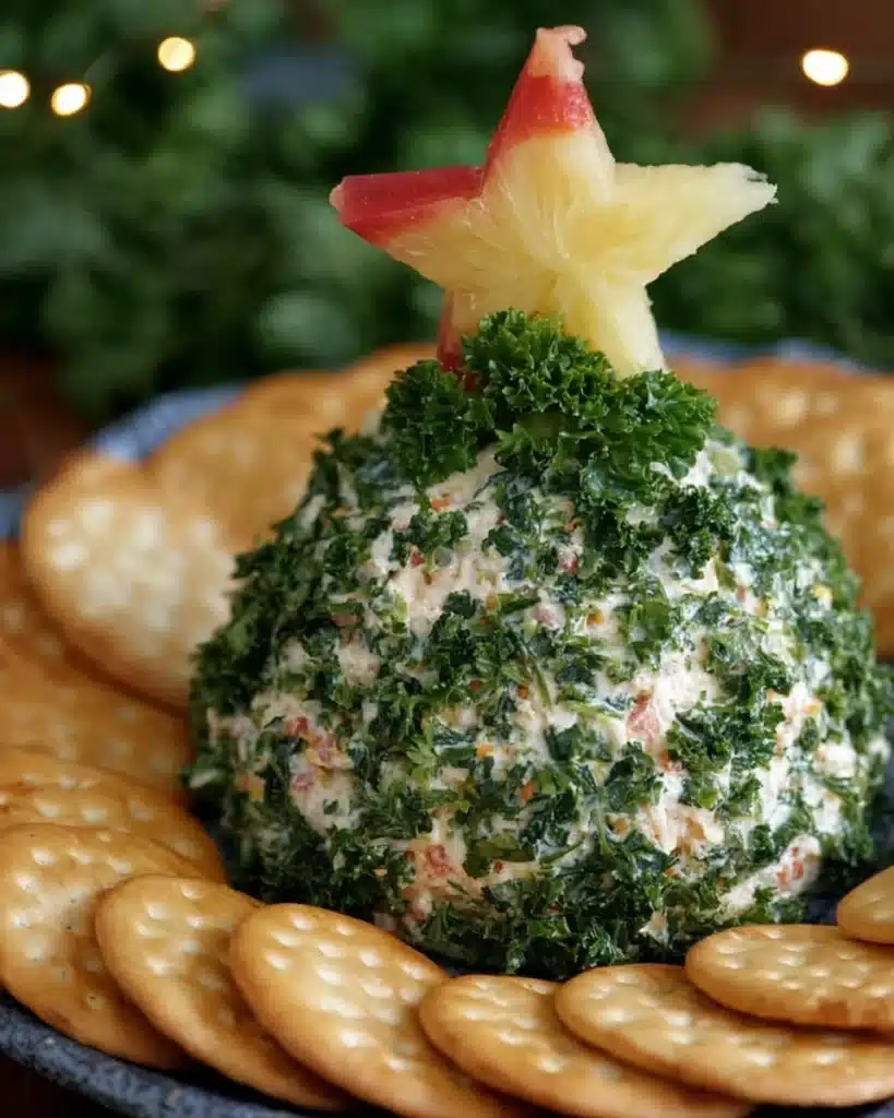 Festive Christmas tree cheeseball with parsley and crackers on white platter