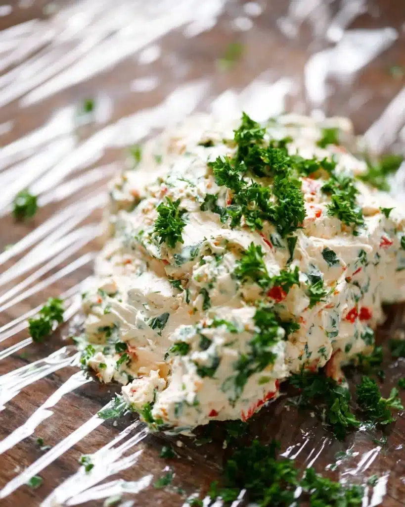 Christmas tree cheeseball mixture with parsley on plastic wrap