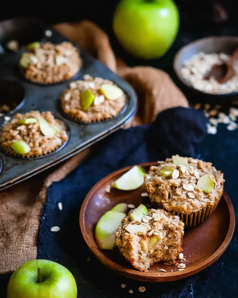 Fresh cinnamon apple oatmeal muffins in a muffin tin and on wooden plates