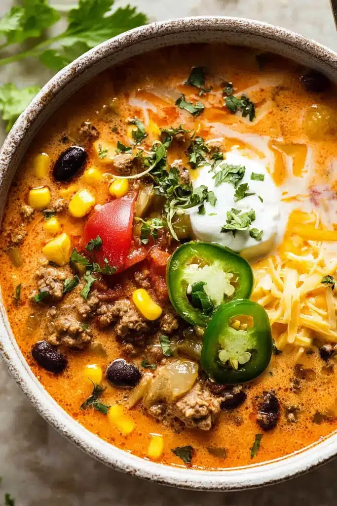 Creamy taco soup topped with ground beef, corn, black beans, jalapeño, cheese, and sour cream