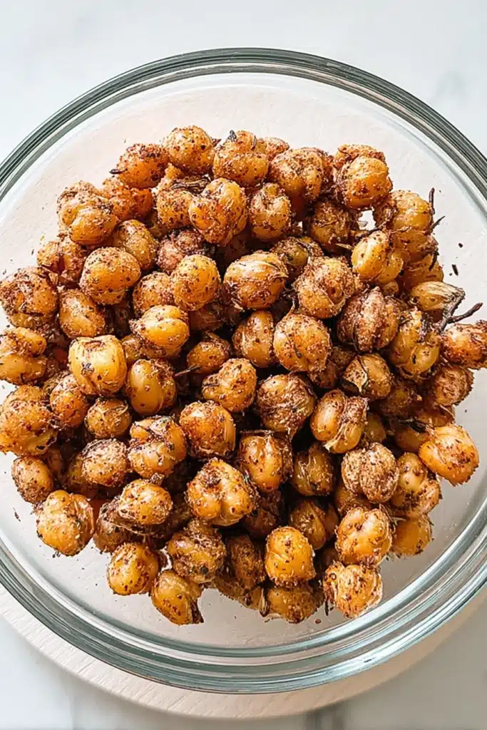 Crispy Roasted Chickpeas 3 Spiced crispy roasted chickpeas in a glass bowl on a light surface