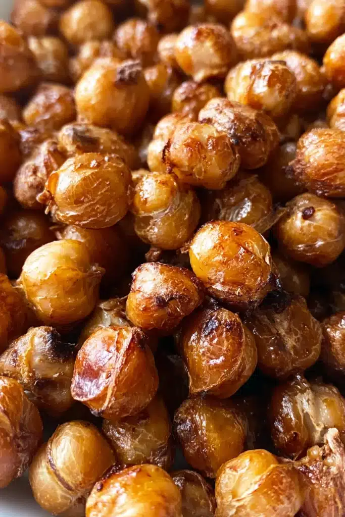 Crispy Roasted Chickpeas 2 Close-up of crispy roasted chickpeas with golden, crunchy texture