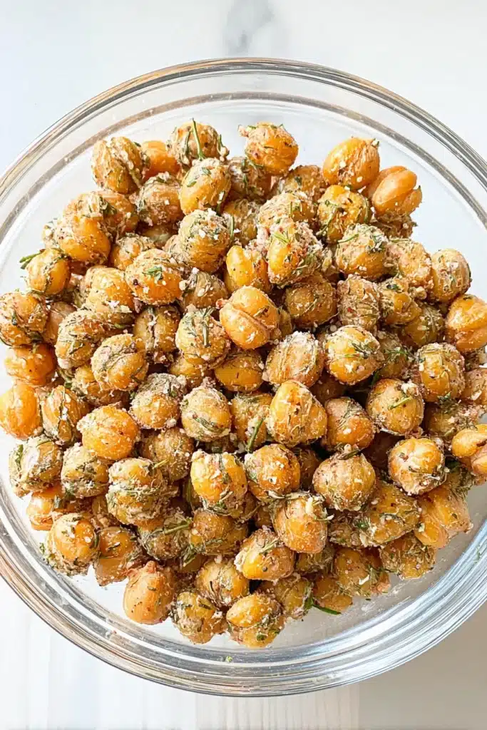 Crispy Roasted Chickpeas 1 Crunchy roasted chickpeas coated in herbs in a glass bowl on a wooden surface