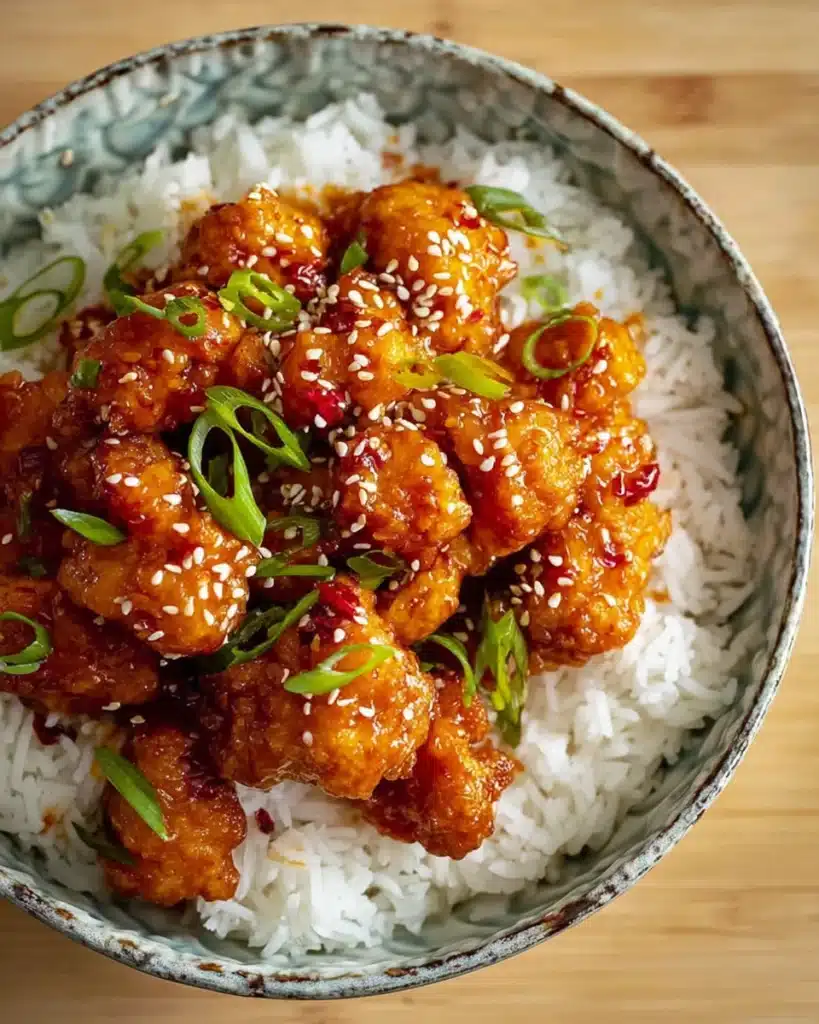 Crispy Sweet Chilli Chicken Recipe (Quick & Easy Under 20 Minutes) 1 Crispy sweet chilli chicken on white rice topped with sesame seeds and green onions