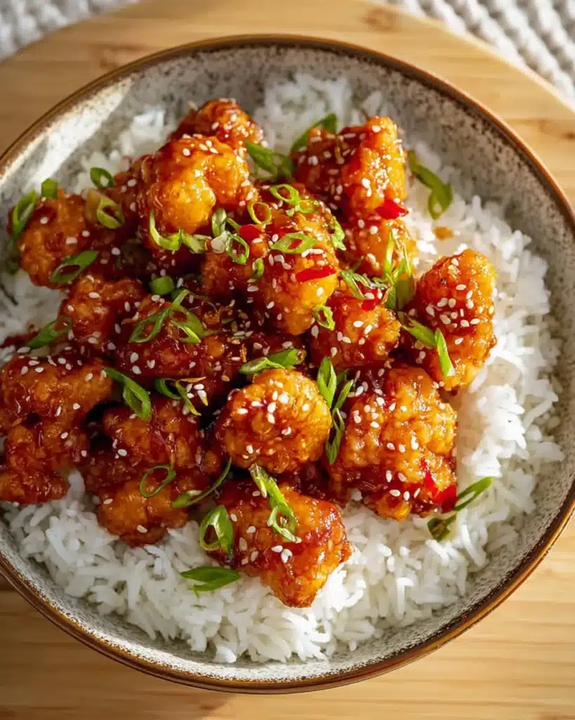 Crispy Sweet Chilli Chicken Recipe (Quick & Easy Under 20 Minutes) 2 Crispy sweet chilli chicken served on rice with sesame seeds and green onions