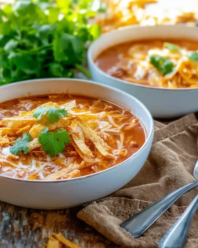 Bowl of Crock Pot Chicken Tortilla Soup topped with cheese, tortilla strips, and cilantro