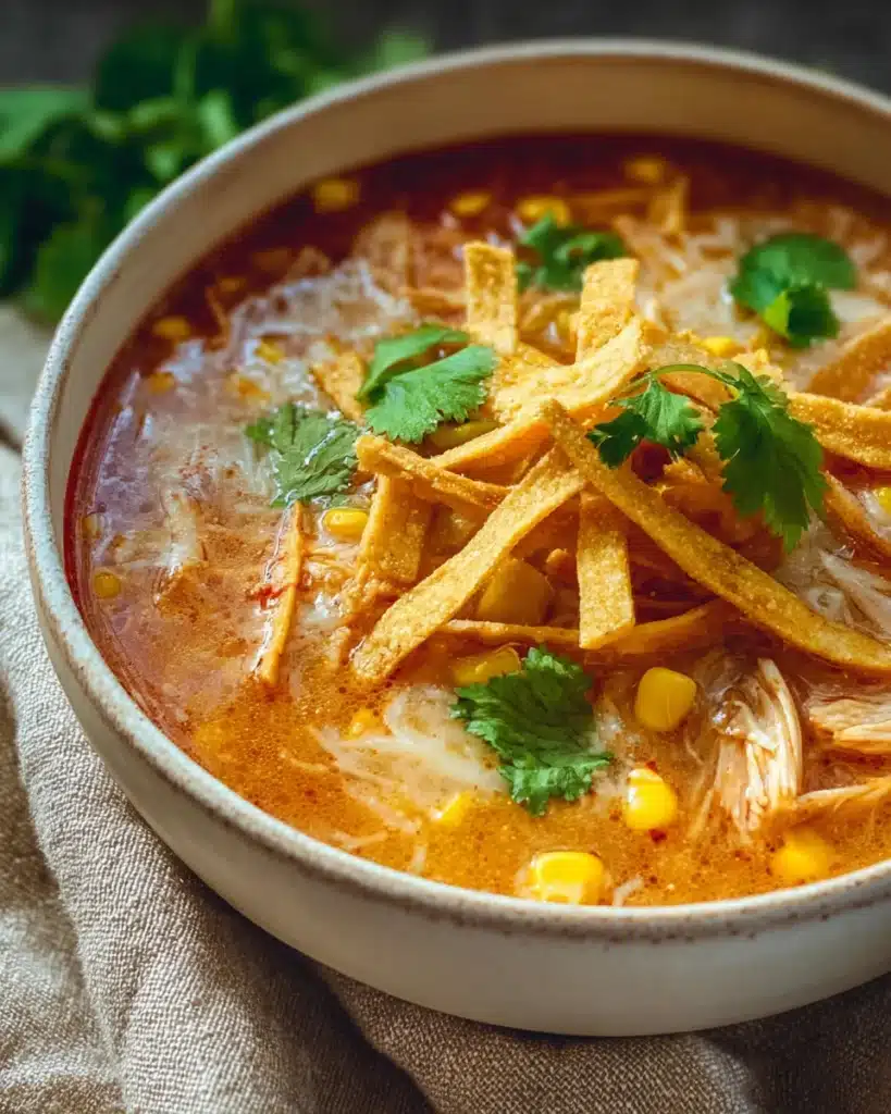 Close-up of Crock Pot Chicken Tortilla Soup with cheese and tortilla strips