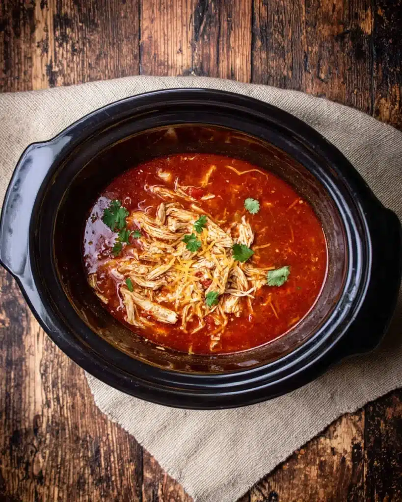 Slow cooker filled with Crock Pot Chicken Tortilla Soup cooking