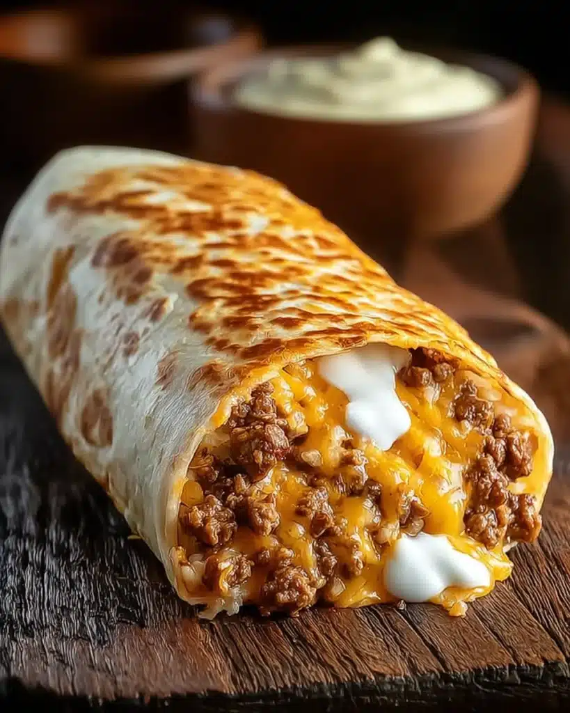 Cheesy grilled burrito with beef, rice, and sour cream on rustic table