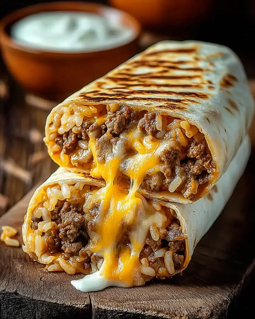 Melty easy grilled cheese burrito with beef and rice filling