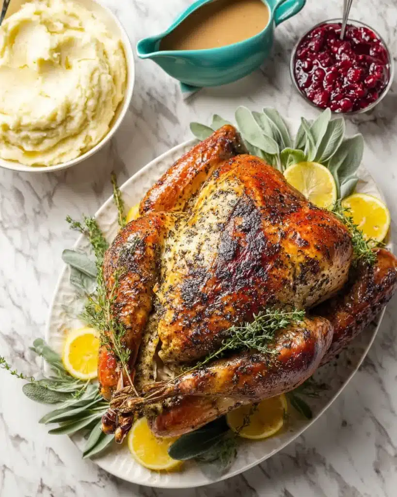 Easy Roast Turkey (Christmas Recipe) 1 Golden roast turkey with mashed potatoes, gravy, and cranberry sauce on a festive dinner table
