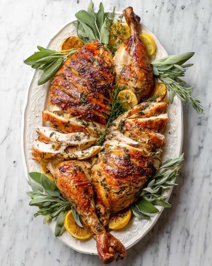 Easy Roast Turkey (Christmas Recipe) 3 Sliced roast turkey with crispy herb butter skin and lemon garnish on platter