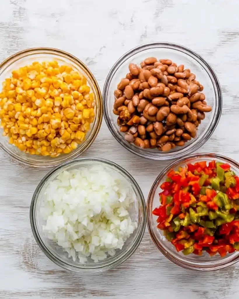 Easy Taco Soup ingredients in glass bowls on a light wooden surface