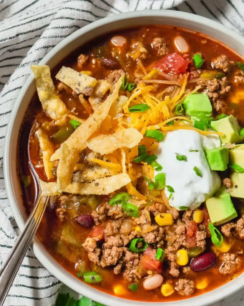 Easy Taco Soup with beef, beans, avocado, and sour cream in a white bowl