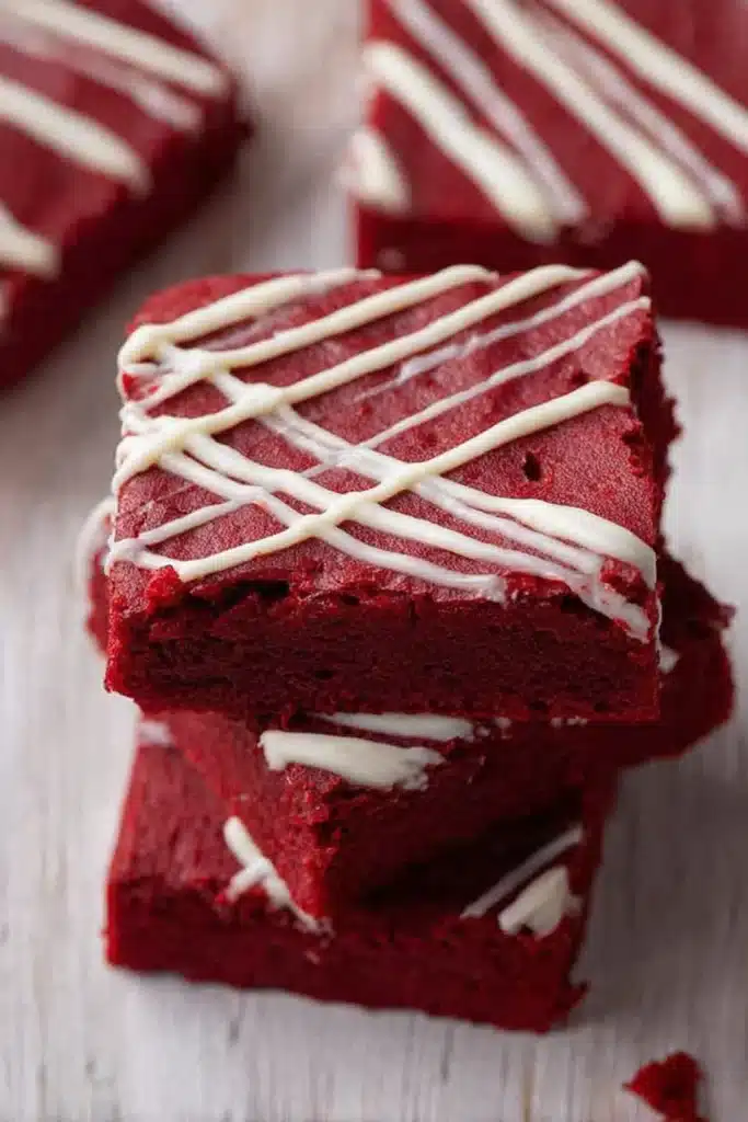 Fudgy red velvet brownies with white chocolate drizzle on top