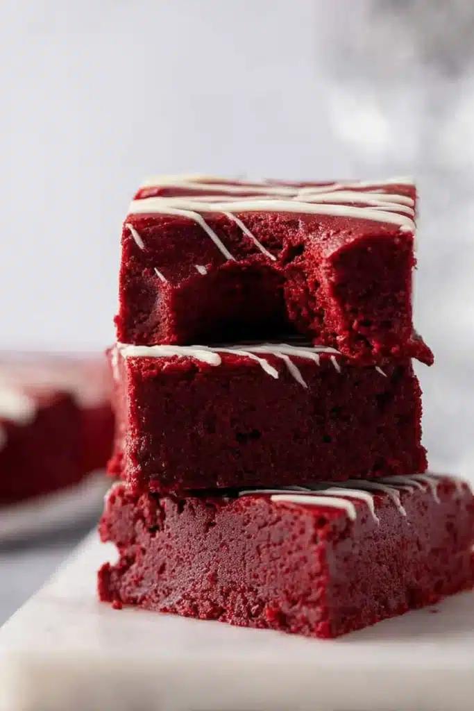 Stack of fudgy red velvet brownies with white chocolate drizzle