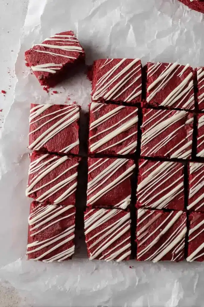 Sliced fudgy red velvet brownies with white chocolate drizzle