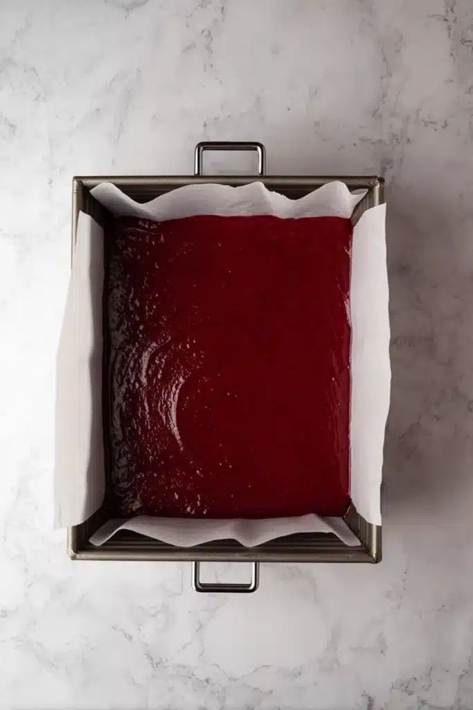 Red velvet brownie batter in a parchment-lined square pan ready to bake