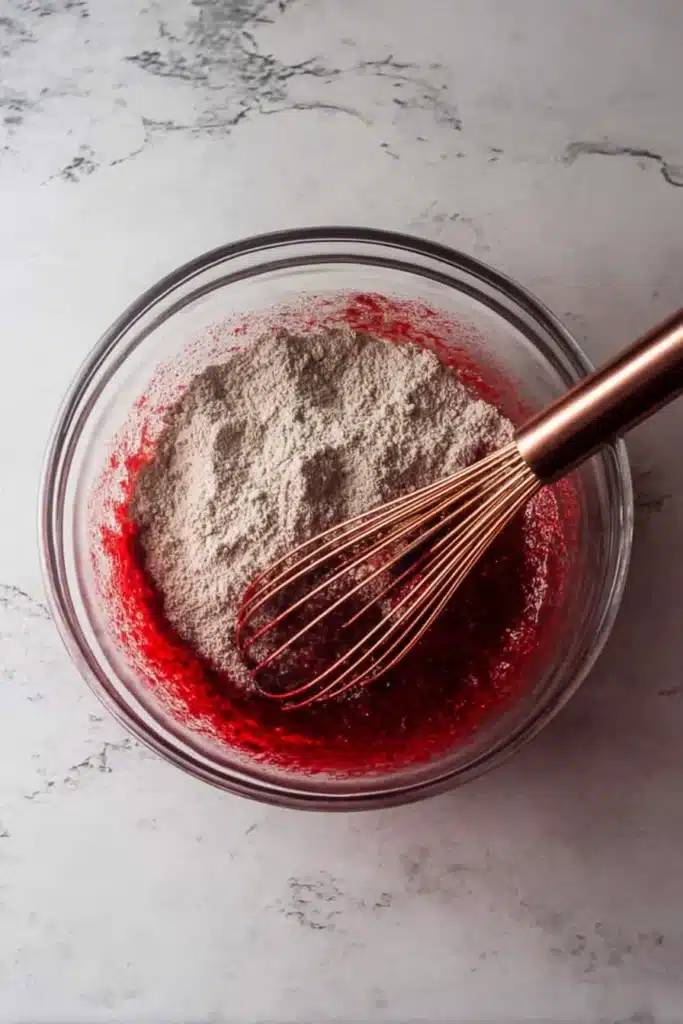 Mixing fudgy red velvet brownie batter with flour in a glass bowl