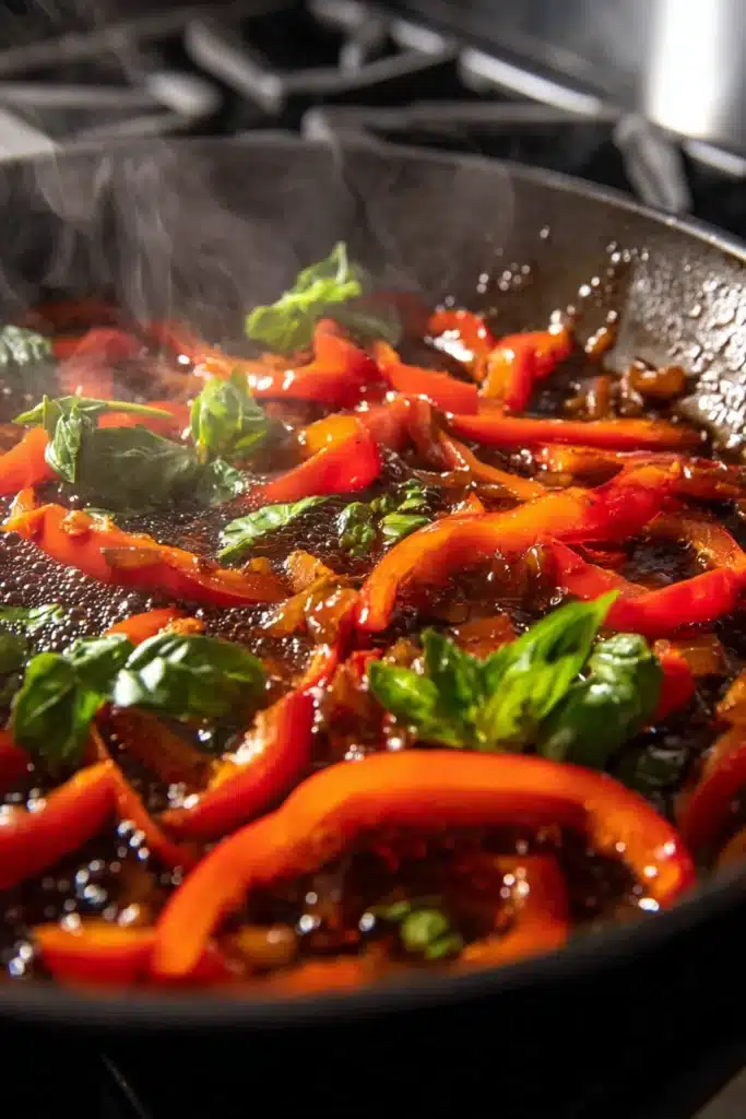 Garlic Chicken Noodles: A Fast, Flavor-Packed Dinner in 20 Minutes 4 Sautéed red bell peppers and basil simmering in a skillet for garlic chicken noodles