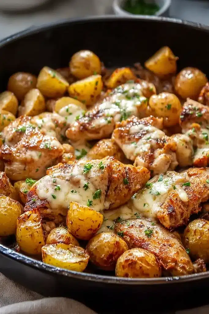 Garlic Parmesan chicken and crispy roasted potatoes in skillet