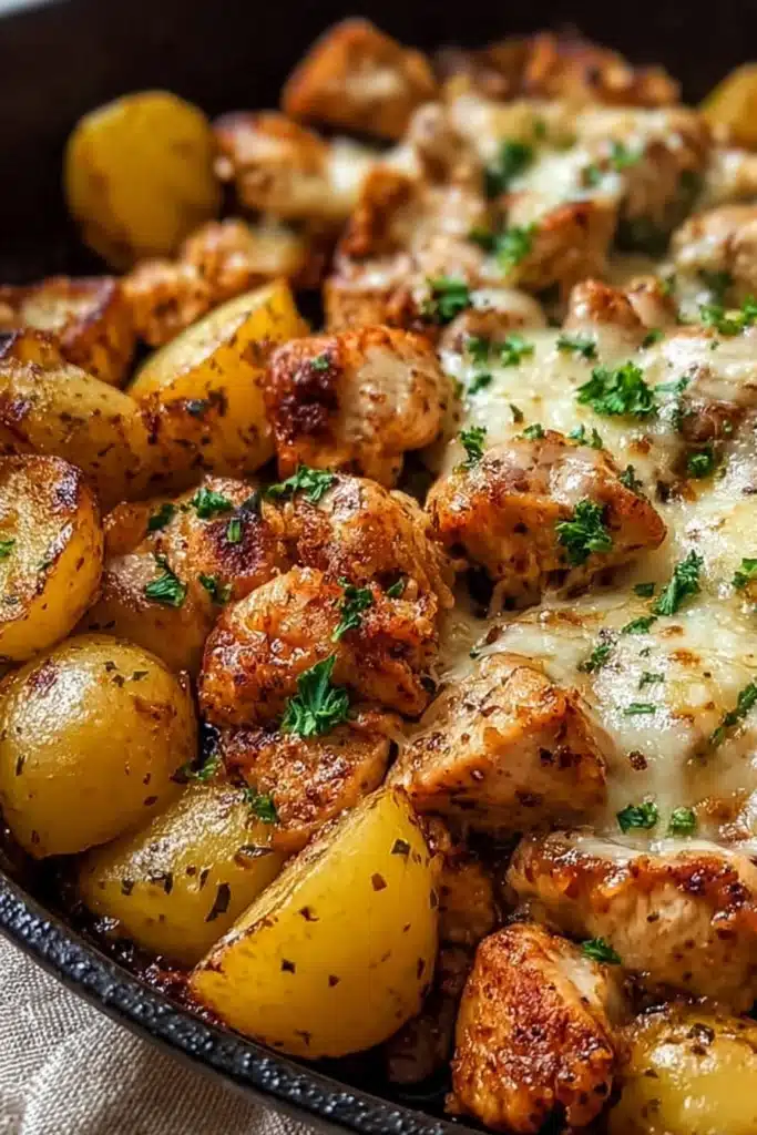 Garlic Parmesan chicken with golden roasted potatoes and melted cheese