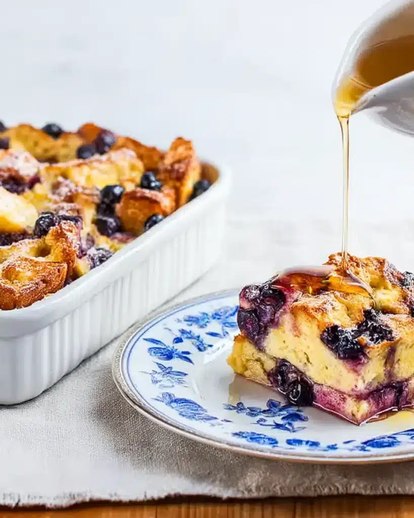 Blueberry French Toast Casserole Recipe 2 Pouring syrup over blueberry French toast casserole slice on plate