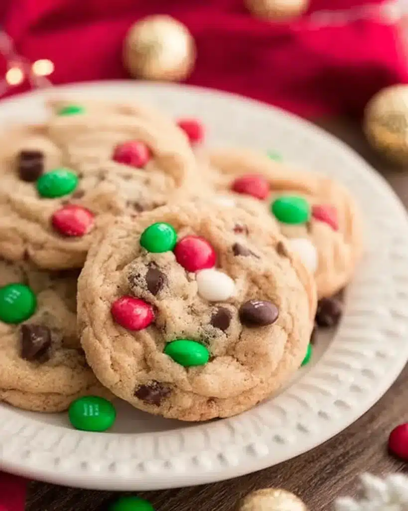 Giftable: Cookie Mix in a Jar (Festive DIY Christmas Treat) 3 Freshly baked Christmas cookies with red and green candies from Giftable Cookie Mix in a Jar