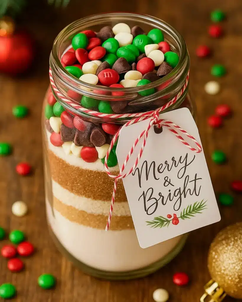 Giftable: Cookie Mix in a Jar (Festive DIY Christmas Treat) 1 Colorful layered cookie mix in a mason jar with red and green candies for Giftable Cookie Mix in a Jar