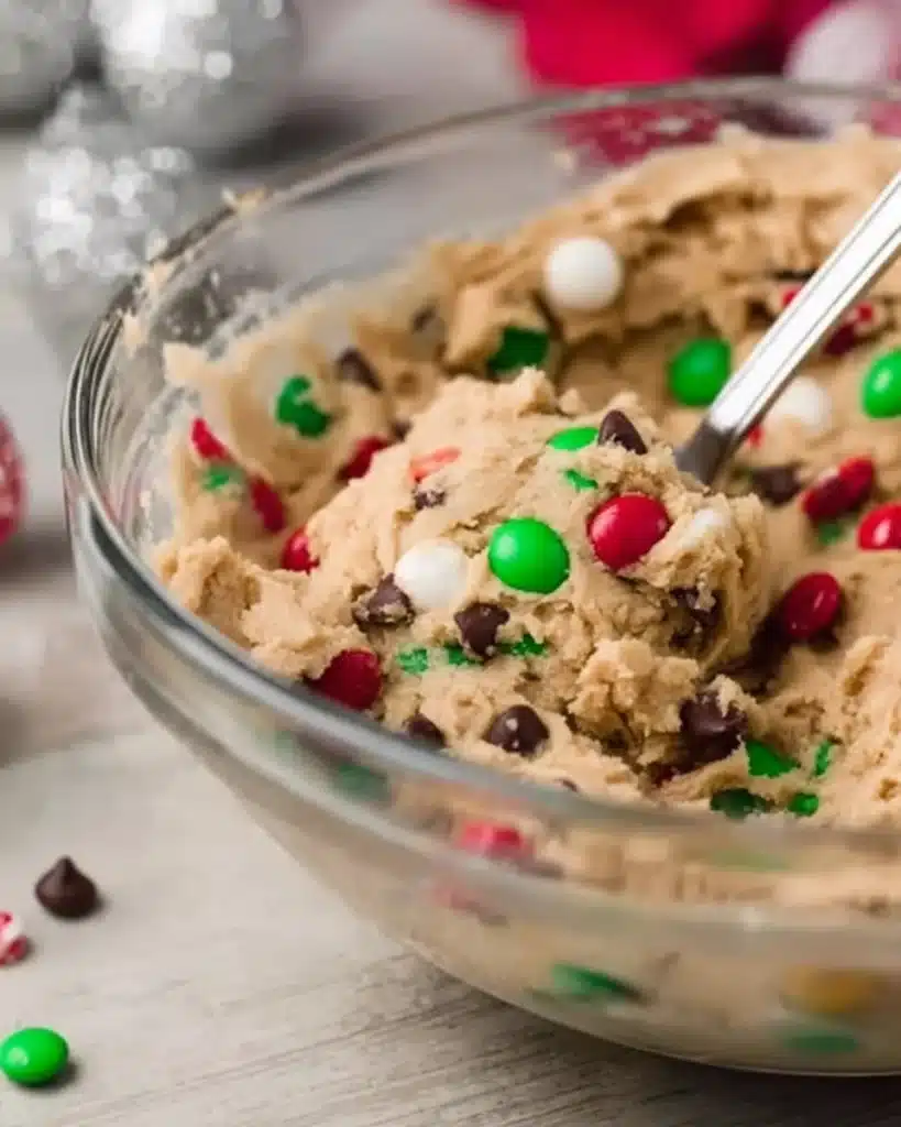 Giftable: Cookie Mix in a Jar (Festive DIY Christmas Treat) 2 Festive cookie dough in a glass bowl with red and green candies and chocolate chips