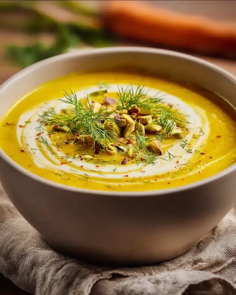 Golden turmeric lentil soup with yogurt swirl, pistachios, and dill in a ceramic bowl