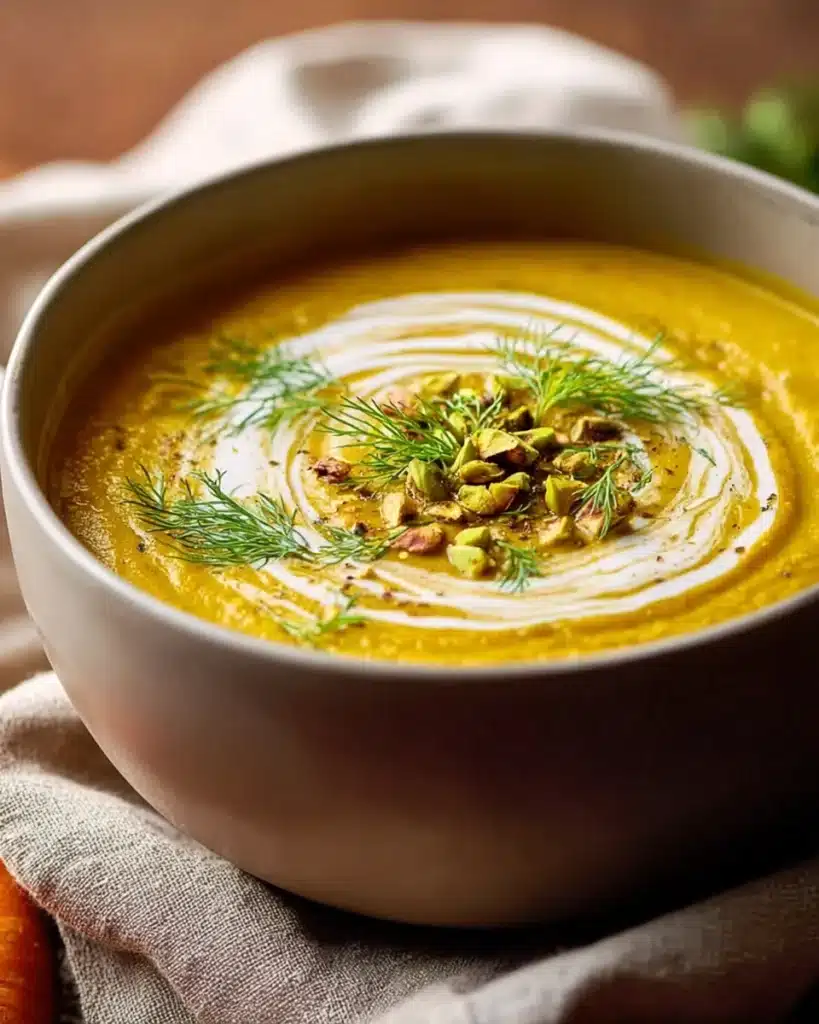 Golden turmeric lentil soup with coconut cream swirl and pistachio garnish