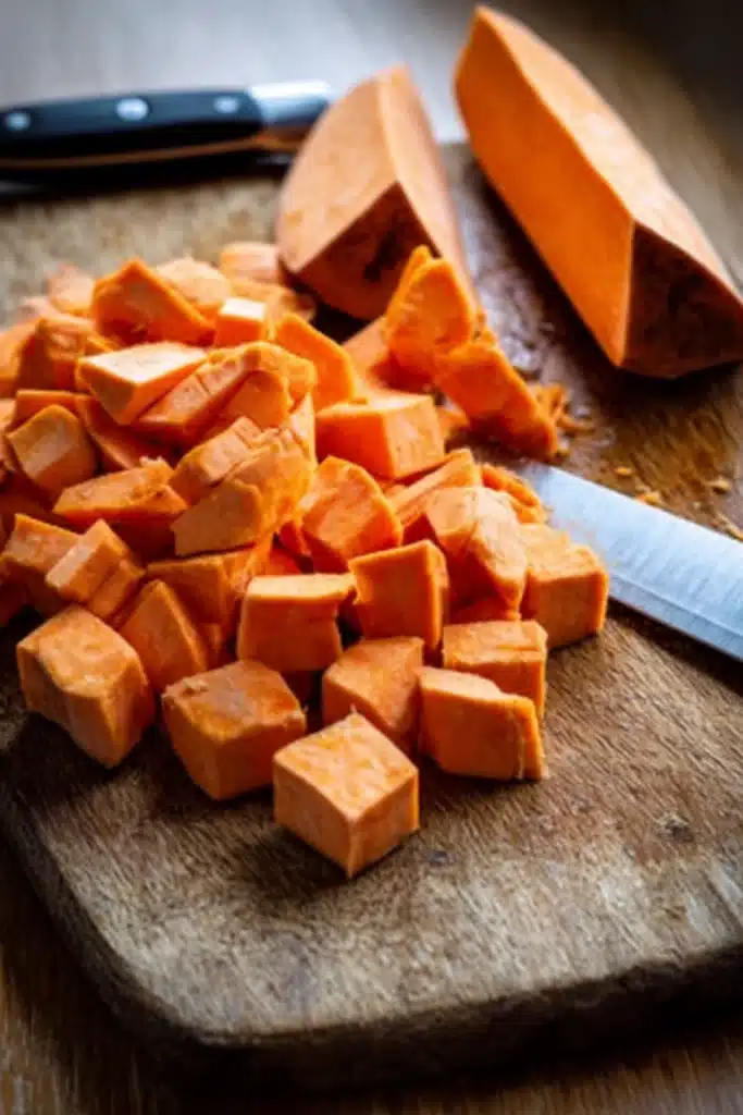 Ground Turkey Vegetable Soup 4 Diced sweet potatoes on a wooden cutting board with knife
