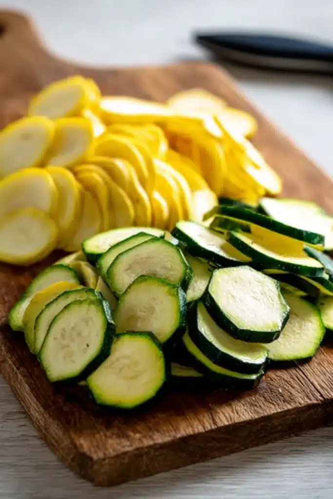 Ground Turkey Vegetable Soup 5 Chopped zucchini and yellow squash on a wooden cutting board