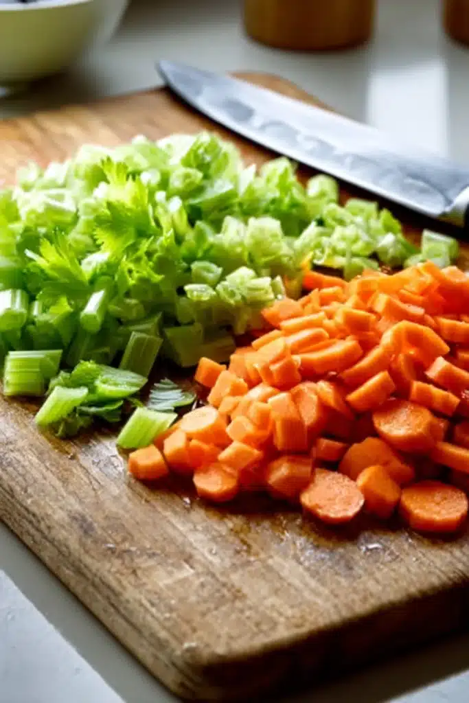 Ground Turkey Vegetable Soup 3 Chopped celery and sliced carrots on a wooden cutting board
